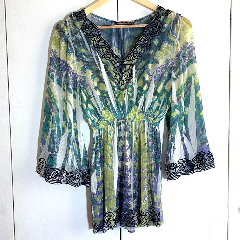 Blue Green Embroidered Ruched Top Mushbaby Sienna Rose Large